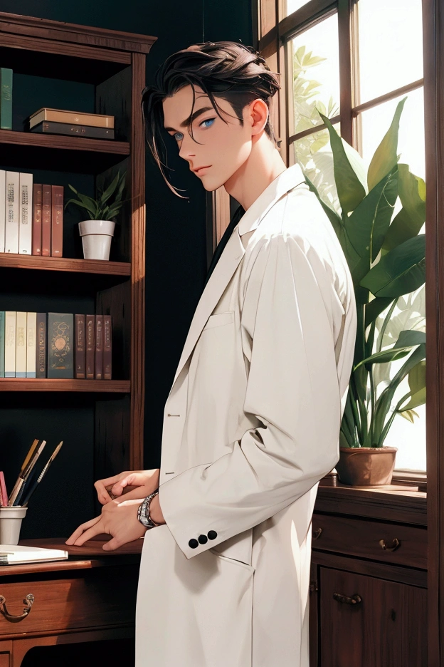 (pose))), (photorealistic photo: 1.3), rim luzing, (high detailed leather:1.2), 8k hd, DSLR, high quality, High resolution, 4k, 8k, bokeh, absurd, (real:1.3), (((Detail on face))), (((body details))), (detail in clothing))), ((detalle en bottom)))
character: Tall Man, good physique, fit, attractive, the most beautiful man, Without beard, long black hair, White skin, blue eyes.
CLOTHES; White coat, White shirt, Black pants.
bottom: Psychiatric hospital, Psychiatrist's Office (black wood desk, laptop, plants, cream walls, shelf with books, paintings. peace, calm)
pose: safe, confident, fun, en calm.