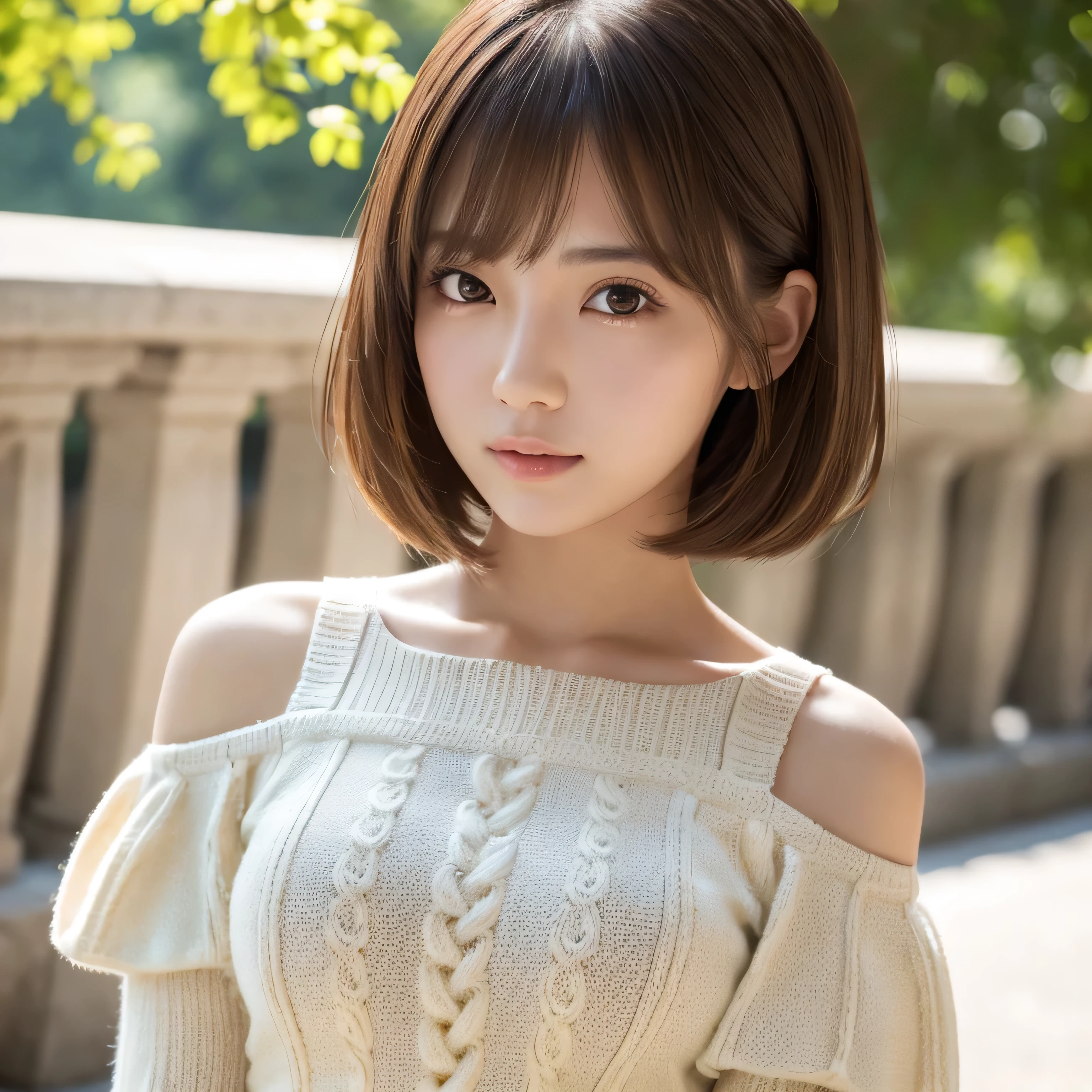 masterpiece, 1 beautiful girl, detailed eye, puffy eyes, top-quality, ultra high resolution, (8K), (reality:1.4), daytime, at park, cinematic lighting, asian beauty, super beauty, beautiful skin, body facing forward, (hyper-realistic), (highly detailed), (beautifully detailed eyes), detailed face, bright lighting, professional lighting, looking at viewer, facing straight ahead, daytime, cream knitted dress, off shoulder, light brown hair, bangs, short bob hair, Japanese idol, Korean idol, gravure idol pose, (accurate anatomy:1.1), 