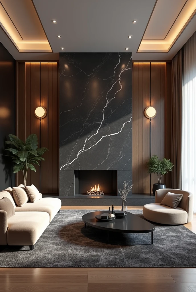 Professional 3d architecture rendering design of modern living room with so and very dark beige floranca velvet sofa set and medium flouting dark gray marble fireplace and brown laminate and elegant and modern accessories and modern windows and black slab stone middle table and elegant ceiling lighting and elegant accessories and elegant dark gray Persian carpet and elegant ceiling lighting