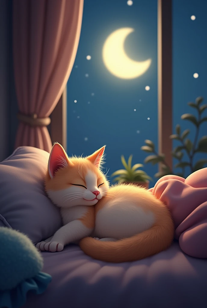 A cat sleeping comfortably in the middle of the night、Cute room、The moon is peeking through the window