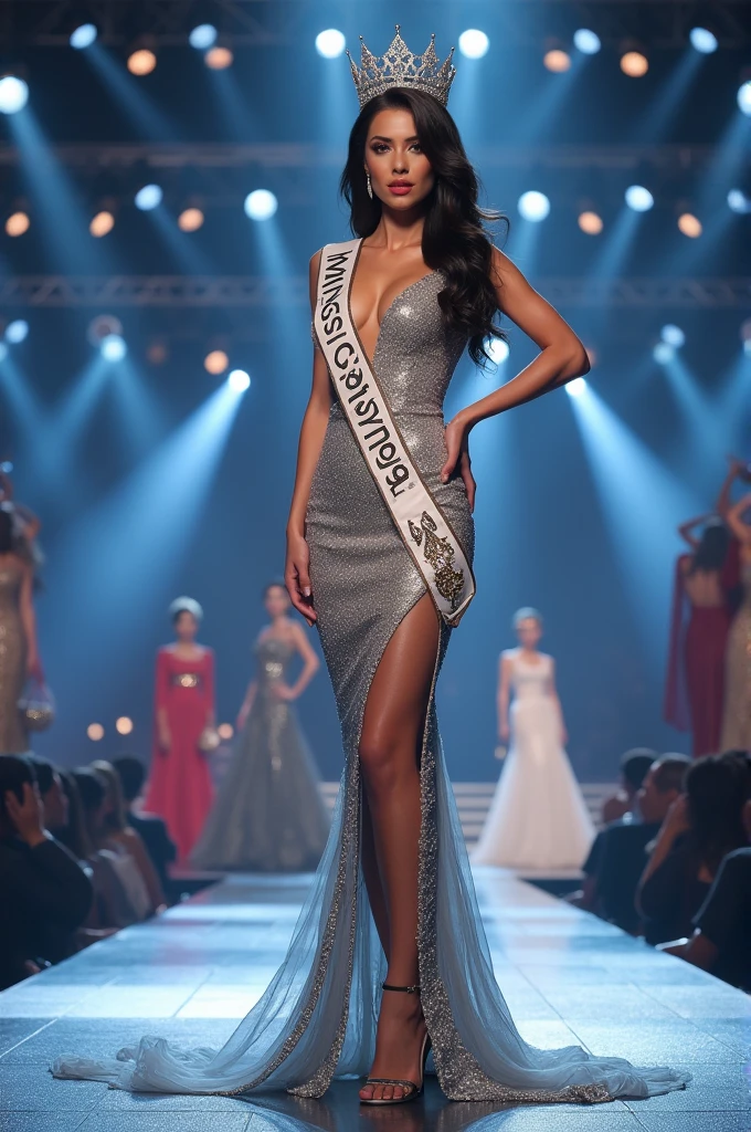 Miss universe, silver long kebaya brookat dress, at miss universe stage, wear crown, elegant, beautiful, 38 C huge boobs, slim, don't smile, sexy vibes. Sharp eyes, cool, bold make up.