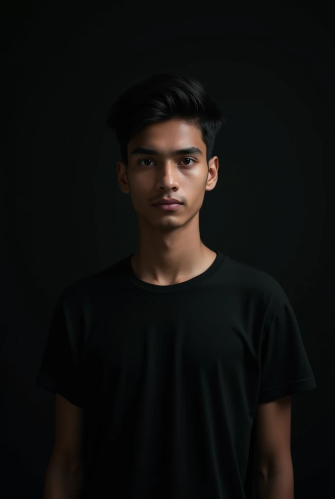 A Nepali 18 years Nepali man without jawline who wear black t shirt in dark background