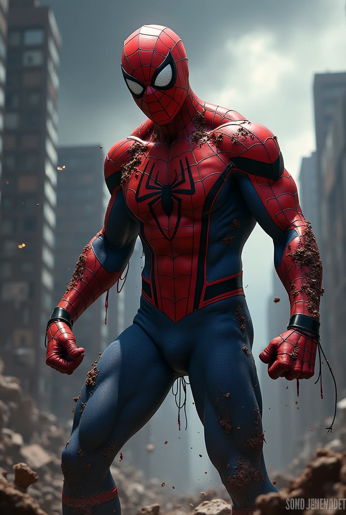 Create an image of Spiderman all hurt, wounded and bleeding but still standing ready to continue giving his all in battle 