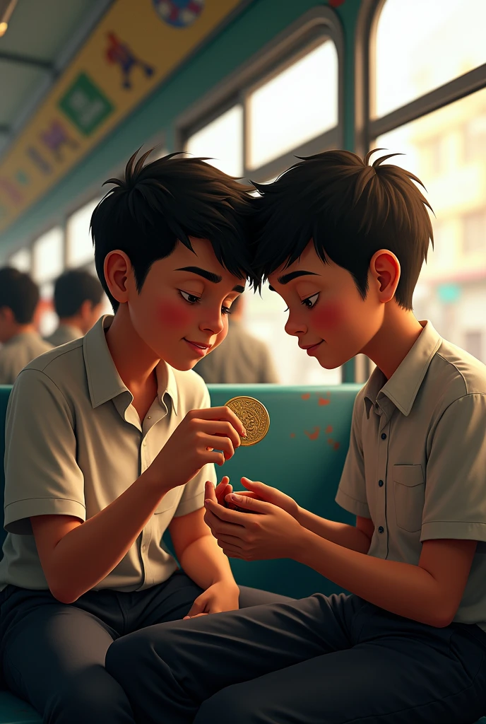 Young Peruvian boy in uniform sits next to a Peruvian student in school uniform on the bus looking at his coin