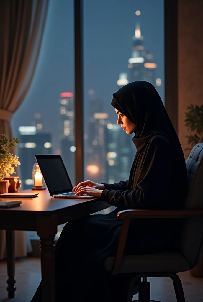 (photorealism:1.2), arabian woman, sitting on chair in office, working on laptop, wearing a black saudi costume, indoors, soft lighting, window in background, window with sky scrappers at night, cozy room, realistic, intricate details, dark colors with low light