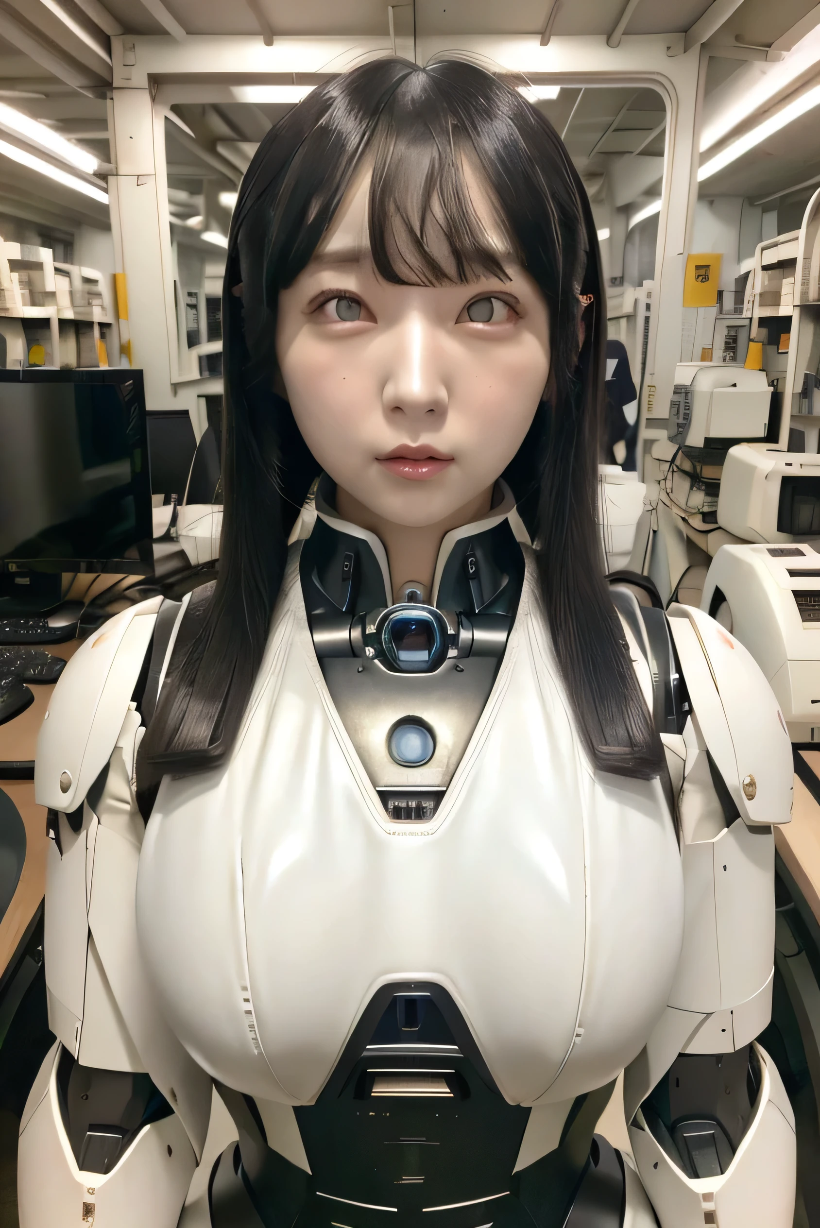 masterpiece, best quality, extremely detailed,  Japaese Cyborg girl,Plump , control panels,android,Droid,Mechanical Hand, Robot arms and legs, Black Robot Parts,Black hair,Mechanical body,Blunt bangs,White robotics parts,perfect robot girl,long tube,thick cable connected her neck,ceramic body ,mechanical body, mechanical ear cover, mechanical costume,android,robot,humanoid,cyborg,japanese android woman ,mechanical chest,full eyes,future laboratory,connecting a cable between the legs,white mouth cover,office-lady