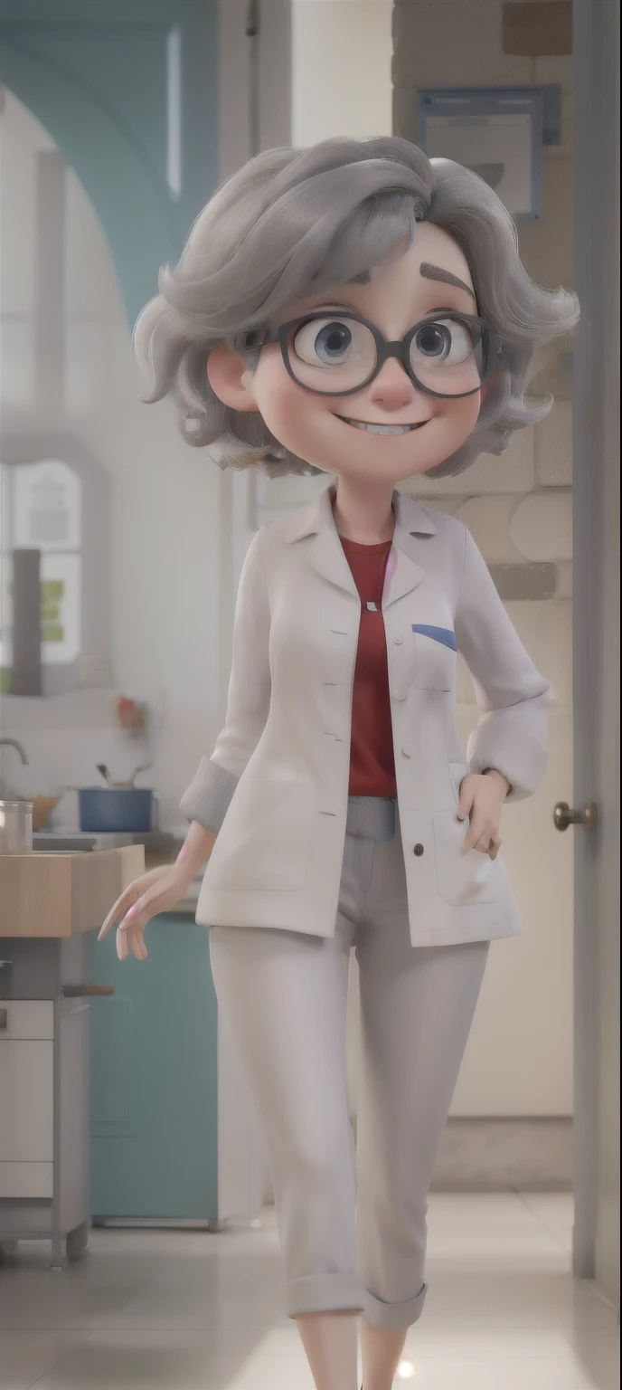 A white woman with glasses, best qualityer, high resolution, PIXAR model, short gray hair, modern appearance, Grinning, wearing a white lab coat, red shirt, blue pants, high heels, standing