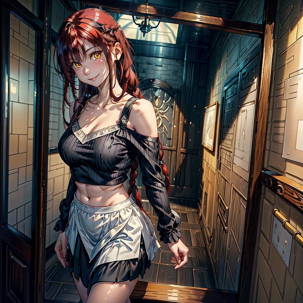 women, hair a little long and curly, by white, Red eyes, White and purple strapless dress, standing, Whole body, at the entrance of a house.
