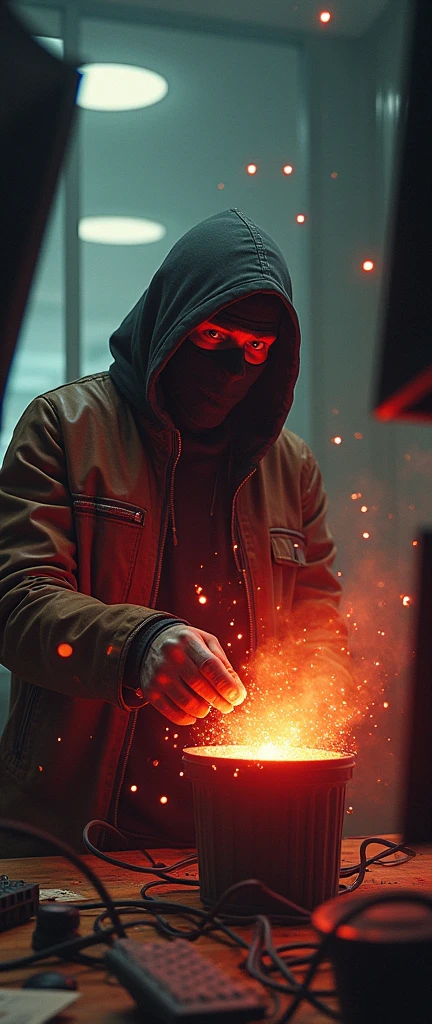 a masked man is in his office with several monitors, hacker, he is throwing a brown envelope into a small interdimensional portal in his trash can, He wears a brown leather jacket, and hood, the place is messy and improvised, he looks at me surprised, I'm peeking through the cables, the portal has red edges, Spark, lensflare, motion-blur, sparks, work of art, uhd, ultra detailed, flying papers, fluidity of movements, high detaild, perfect proportions, fire particles come out of the portal, the place is on fire, the computers are broken,