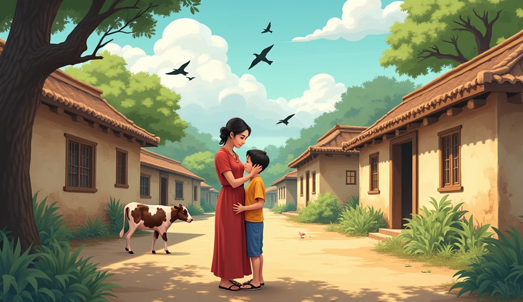 एक गांव के घर का आंगन हो
जूम पिक एक मां और उसका लाडला बेटा हो और साथ में चल रहे हो ।
एक मां एक लड़के को हवा में खिला रही हो ।
और आस पास कुछ घर और लोग रहते हो ।
एक गाय हो और घास खा रही हो
आकाश में चिड़िया उड़ रही हो ।
