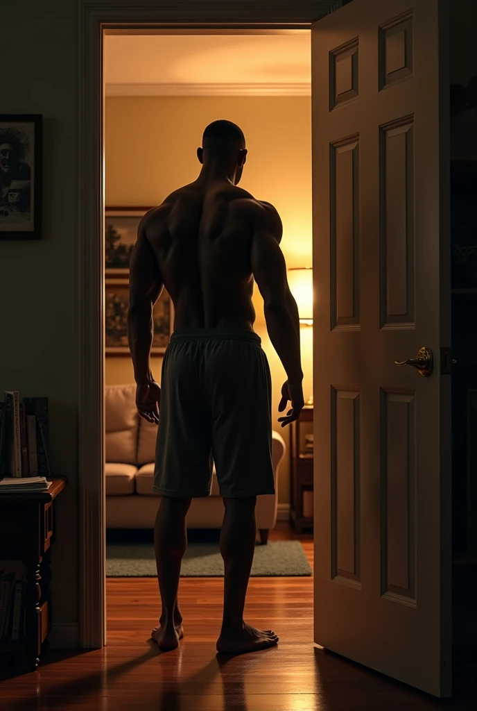 Dark-skinned athlete opens the door of his house. It is captured from the living room of the house, where there is a photo album. It is captured in profile