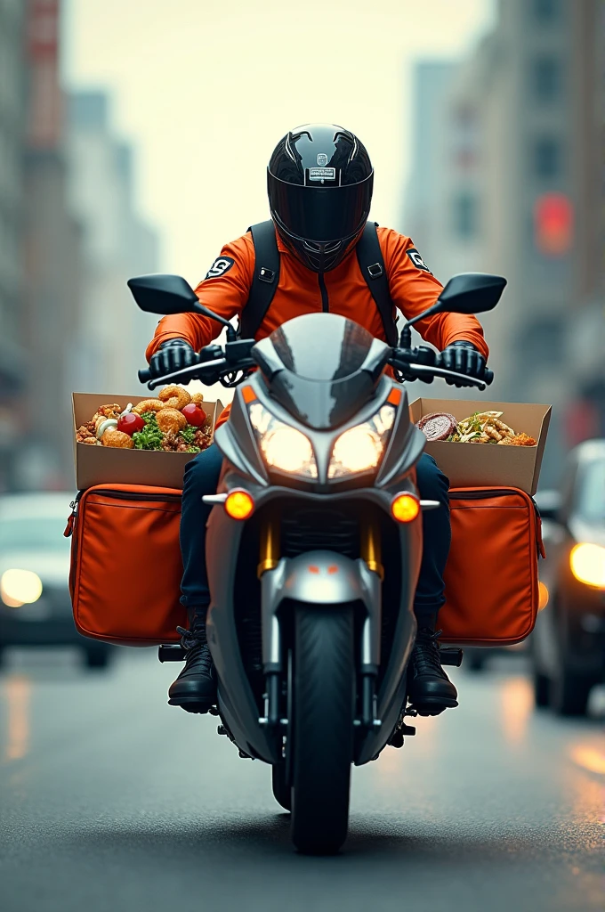 A man driving a motorcycle, grab food rider, has snacks and drinks on the side.