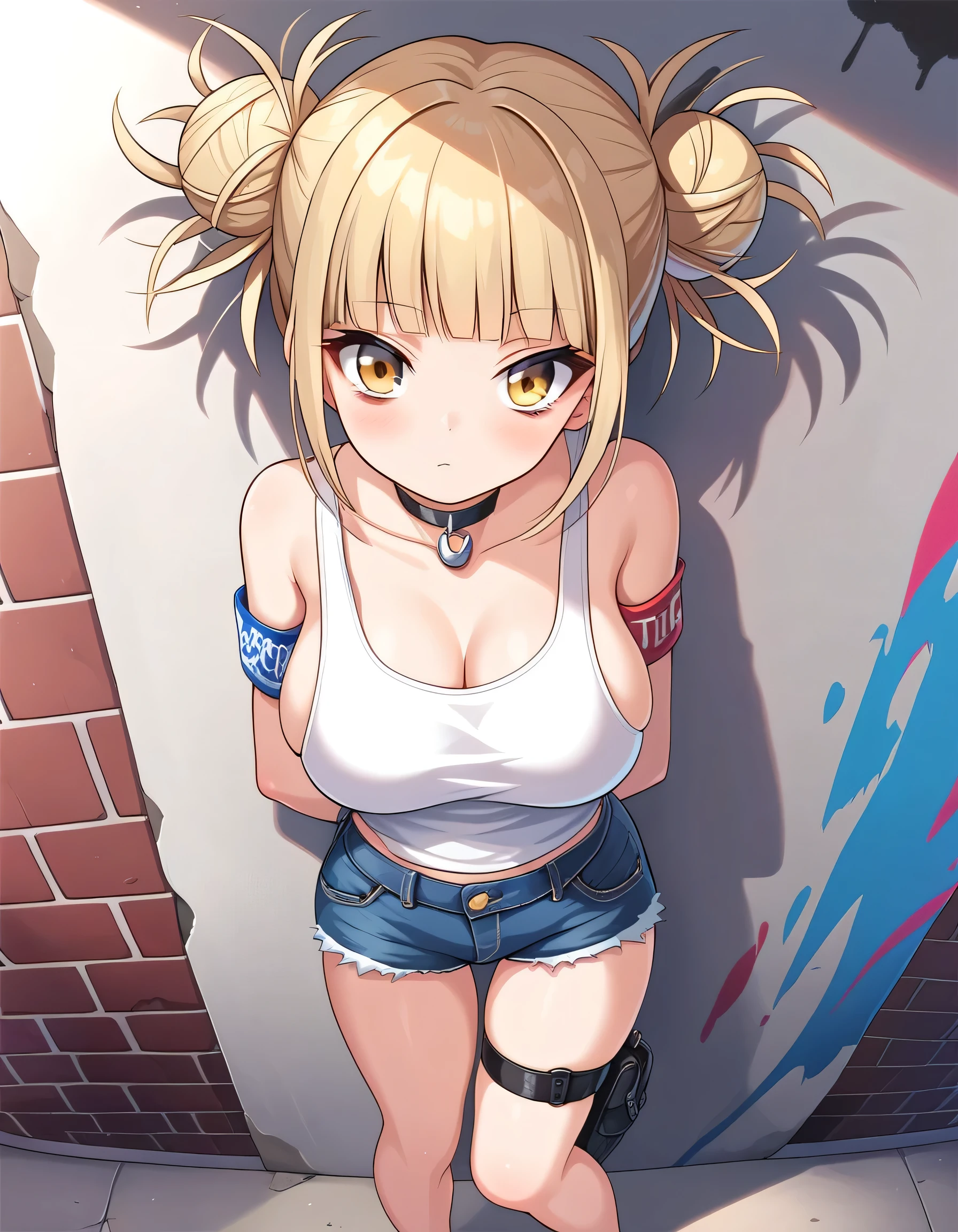 Himiko Toga, Blonde hair, yellow eyes, hairbuns, tank top, denim shorts, choker, graffiti paint splatter, arms behind back, (slouching), leaning back, against wall, looking at viewer, armband, thigh strap, streaked hair, paint on body, upturned eyes, head down, head tilt, (from above), bored,expressionless, sideboob, (big breasts), cute overload,