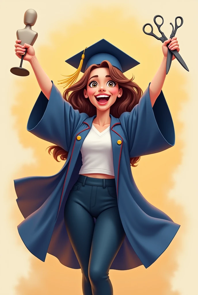 A happy woman wearing a full graduation uniform and holding scissors in her right hand and a mannequin in her left hand. A two-dimensional cartoon drawing with high detail.