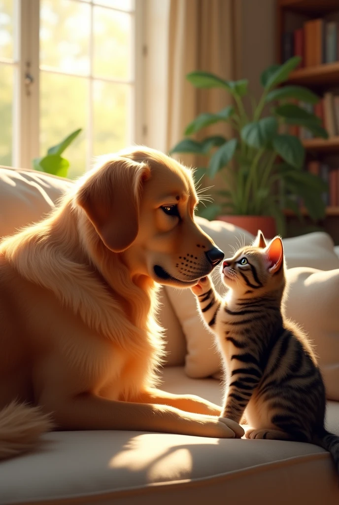 "4K ultra-realistic cinematic scene of a golden retriever dog and a tabby cat sitting together on a cozy sofa in a sunlit living room, the cat playfully touching the dog's nose with its paw while both look at each other lovingly, sunlight streaming through a large window, indoor plants and bookshelves in the background, warm and inviting atmosphere, detailed fur and textures, cinematic lighting, Unreal Engine 5 render, ultra-high resolution"
