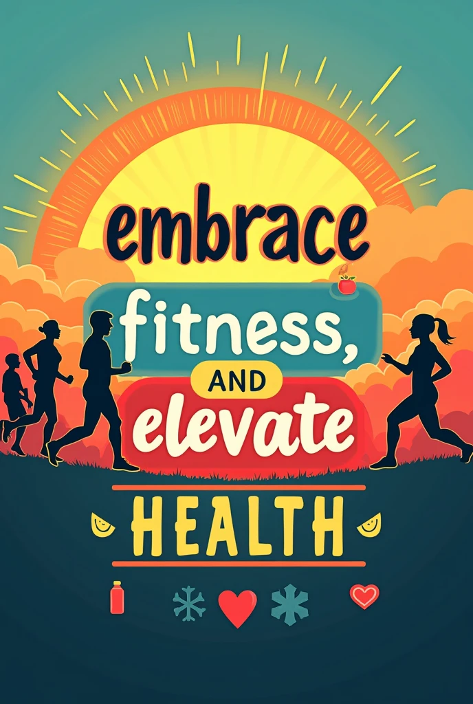 Slogan: "Embrace Fitness, Elevate Health!"

Poster Idea:

Background: A vibrant and energetic scene, perhaps a sunrise over a park or gym, symbolizing a new day and new opportunities.
Central Image: Silhouettes of people engaging in various fitness activities like running, yoga, and weightlifting.
Text Placement: The slogan can be in bold, dynamic font at the top, with "Embrace Fitness" in one color (e.g., a lively green) and "Elevate Health" in another (e.g., a calming blue) to represent the balance between physical activity and overall well-being.
Additional Elements: Incorporate icons or smaller images of fruits, water bottles, and hearts to reinforce the message of health and fitness.