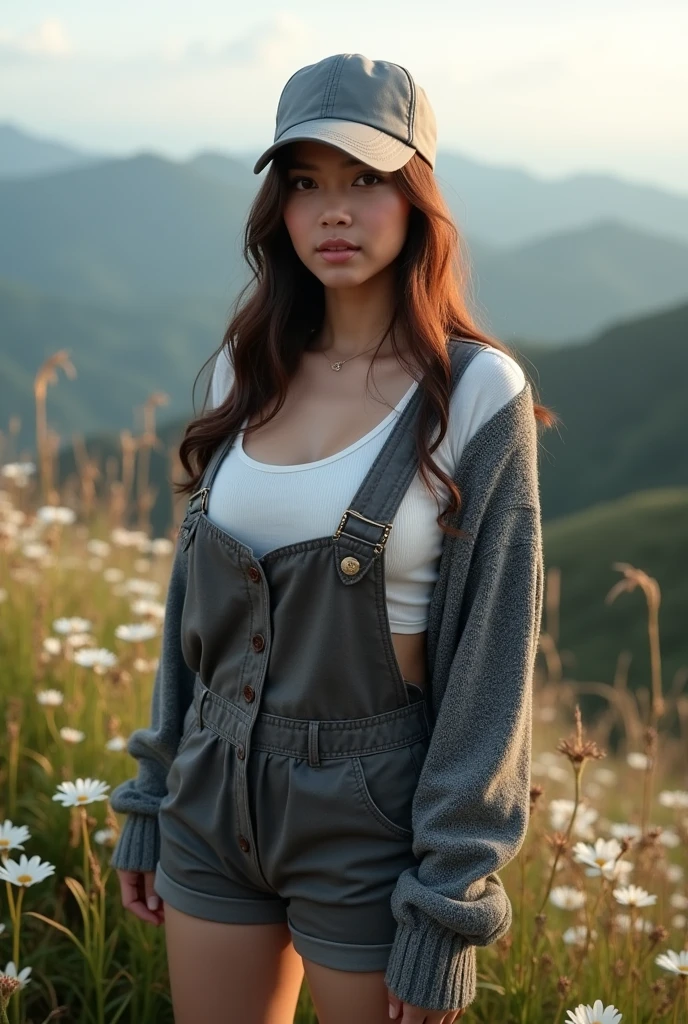 full-body portrait photograph of a young java woman hijab with polo Cap, wearing pinafore with tight-fitting , hotpant with leggings, oversized_breasts.", she is hiking, beautiful_breasts. sensual body, in a unique, photoshot model, ((In front of flowers in top of mountais)), pullover, highres, 4k, HDR, 1girl, photorealistic, realistic, big booobs, with front shooting angle, closeup