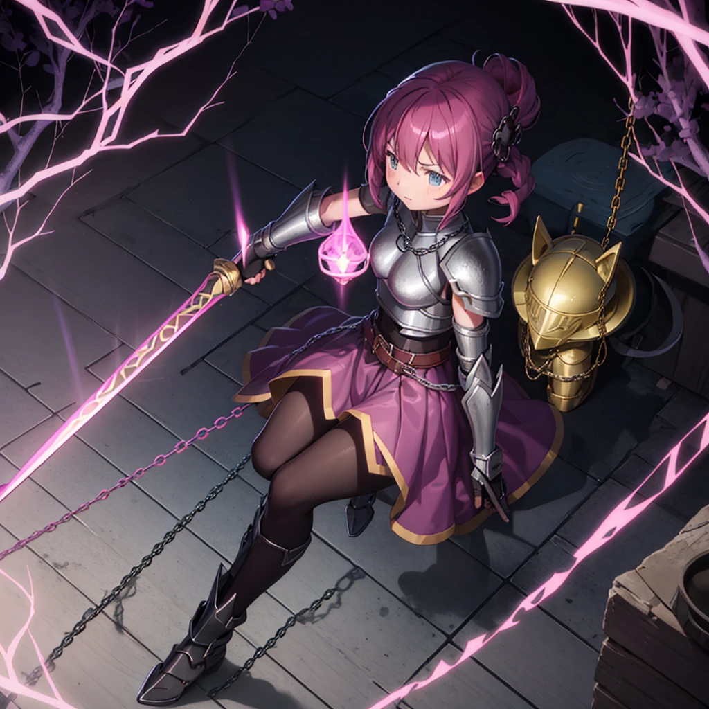 最high quality、high quality、Simple Cloth Armor、１０Year-old girl adventurer、Equipped with a weapon that has a short chain at the end of a stick and a spiked iron ball at the end of the chain、In a dark maze、Pink Armor