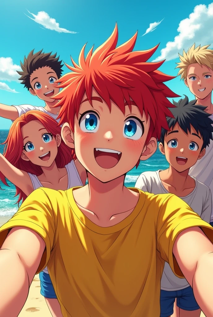 Anime male with red hair,blue eyes,yellow t shirt, getting selfie with his friends in the beach