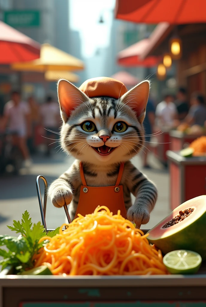Cat selling papaya salad
