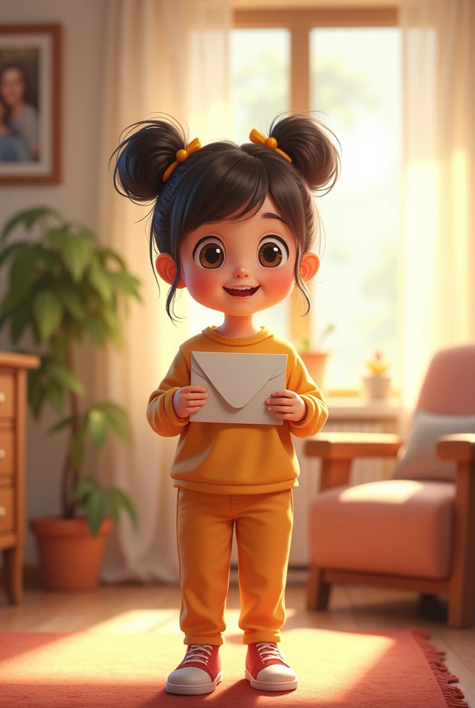A girl getting a envolpe from her parents in home