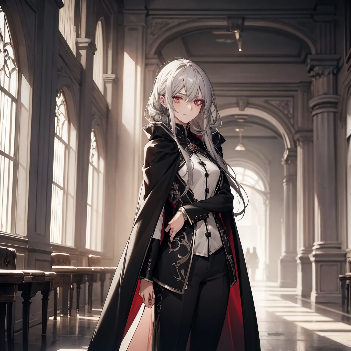 (Confused, High resolution, Very detailed), 1 female, Silver Hair,Long Hair,Knot,Hair tied at the nape,Low Tail,Crimson Eyes,Black and white clothes,27th generation,beauty,mature,thin,quiet,Small smile,Cape,Slender and thin,boots,skinny pants,lobby,Small breasts,