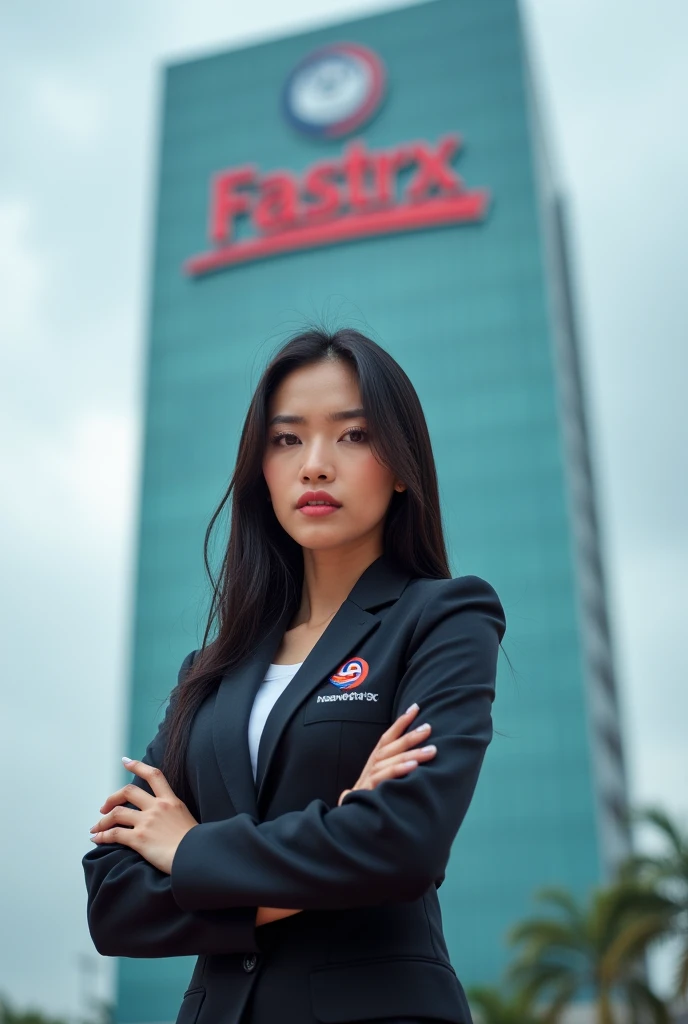a beautiful Asian woman wearing the FastRX cargo uniform with the logo, is posing with background building RAHMAT TITIPAN INTERNUSA with a big logo, HD quality