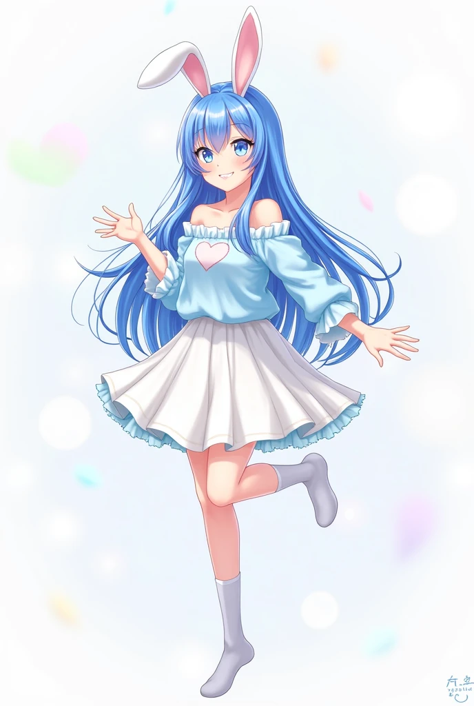 create me a picture of a big girl, and wearing a no sholder top colour light blue, and the top has a Heart on it, and she wears a white skirt till her knee, and she is wearing long whitesocks. bunny like ears and she is giving a VERYYYYYYYYYYY cute pose. and think that she is the cutest girl in the universe. Anime Style. And her hair is also blue coloured and eyes also blue. Her hair's are long