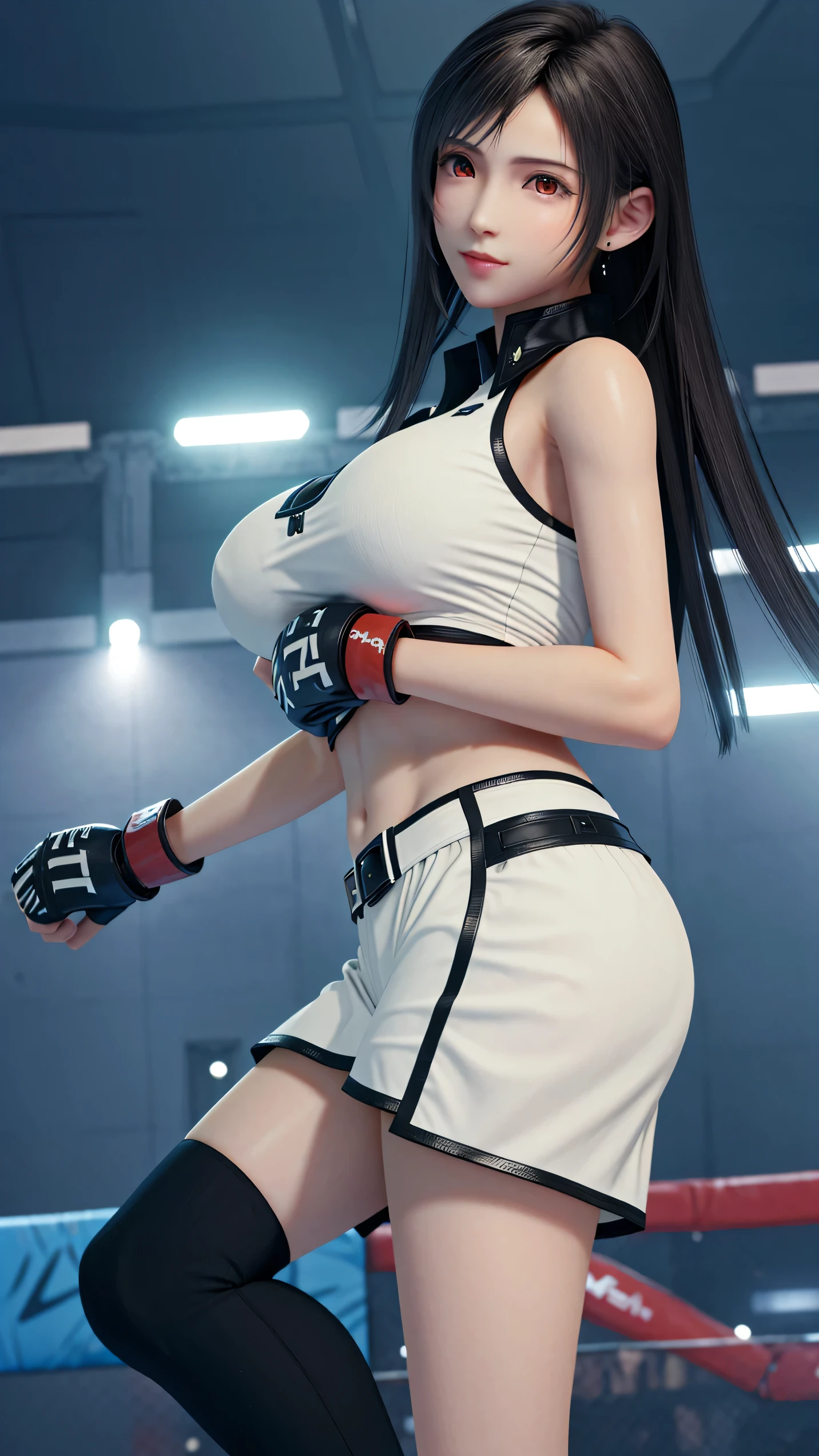 8k,masterpiece, Highest quality,big breast, (1 person:1.5), Tifa Lockhart, red_eye, Black Hair, Long Hair, Professional Lighting, (Glowing Skin: 1.2), shiny sweat, ((Highest quality)), Sharp focus: 1.2, Highly detailed face and skin texture, detailed eye, Perfect Face, Perfect body, CG, Huge Breasts, before (Age 25, Mature, cool and beautiful face), (on MMA Arena :1.5), (wearing MMA uniform:1.5, white tops and black bottoms:1.3), thigh, belly button,Fighter,glaring,(Look At View:1.2),Full body, Dynamic Angle,