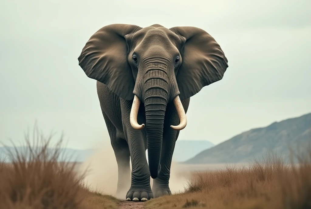 Create a captivating, hyper-realistic, AI-generated artwork of a large African elephant running towards the camera. The elephant should be depicted with its massive tusks prominently visible, showcasing its powerful and imposing presence. Capture the detailed texture of the elephant's rough skin and the grandeur of its size as it charges forward.
The scene should feature the elephant moving across low grassland, with the background including a distant hill and a gray, overcast sky. Emphasize the dynamic motion of the elephant, with its large ears flapping and dust or grass being kicked up from its powerful stride.
Use natural, earthy tones to depict the elephant and its environment, highlighting the contrast between the elephant’s gray skin and the muted colors of the grass and sky. The lighting should be soft and diffuse, reflecting the overcast conditions and adding to the dramatic atmosphere.
The style should be hyper-realistic yet artistic, focusing on the elephant's majestic presence and the stark beauty of the landscape. The final artwork should be high-resolution and visually striking, capturing the strength and movement of the elephant in its natural setting.