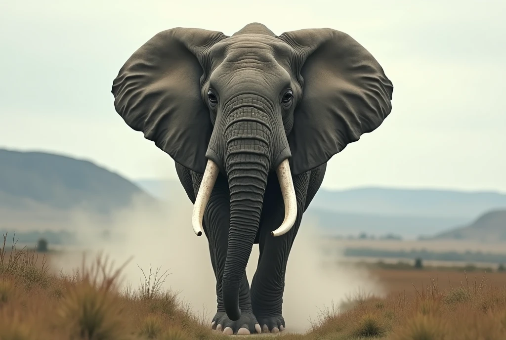 Create a captivating, hyper-realistic, AI-generated artwork of a large African elephant running towards the camera. The elephant should be depicted with its massive tusks prominently visible, showcasing its powerful and imposing presence. Capture the detailed texture of the elephant's rough skin and the grandeur of its size as it charges forward.
The scene should feature the elephant moving across low grassland, with the background including a distant hill and a gray, overcast sky. Emphasize the dynamic motion of the elephant, with its large ears flapping and dust or grass being kicked up from its powerful stride.
Use natural, earthy tones to depict the elephant and its environment, highlighting the contrast between the elephant’s gray skin and the muted colors of the grass and sky. The lighting should be soft and diffuse, reflecting the overcast conditions and adding to the dramatic atmosphere.
The style should be hyper-realistic yet artistic, focusing on the elephant's majestic presence and the stark beauty of the landscape. The final artwork should be high-resolution and visually striking, capturing the strength and movement of the elephant in its natural setting.