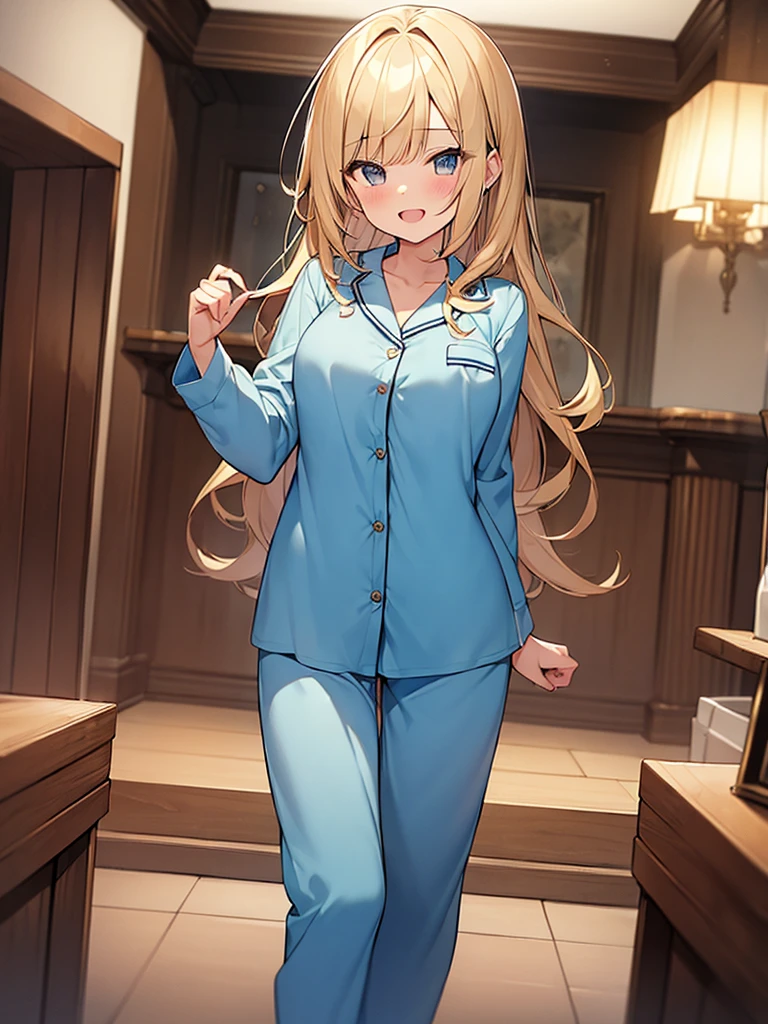 (Masterpiece, Top quality:1.5), full body, (1 beautiful girl, solo:1.2), (short height:1.2), (Pajama Set:1.3), Blonde hair:1.1, medium Hair, wavy Hair, asymmetry bangs, swept bangs, airy hair, large breasts:1.2, smile:1.3, blush:1.2, beautiful scene of living room, magnificent panorama view, blurry background, open mouth, dynamic pose, dynamic angle