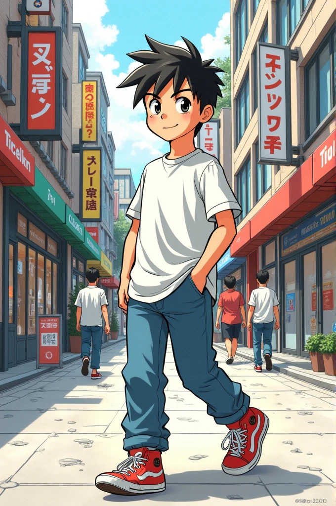 Make a boy walking down the street in four manga style panels