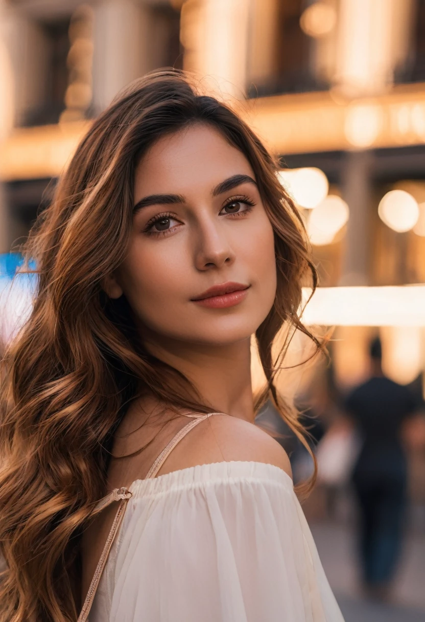 Portrait of an italian young woman in the heart of the bustling city during the golden hour using a DSLR with an 85mm prime lens, aiming for a dreamy and peaceful mood in a close-up shot with f/1.8 aperture, 1/320 sec shutter speed, and ISO 100 from a normal angle and eye line. Her long, wavy chestnut hair cascades down her back, framing her elegant features. Expressive brown eyes gazing directly at the viewer.  Her rosy lips are parted slightly, revealing a hint of a playful smile.