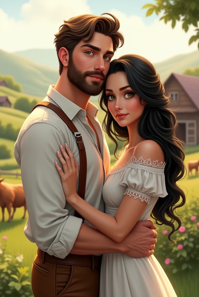 create an image of a couple in love in front of a farm, he has fair skin, body healed, striking face, strong, well-defined jaw, dark thick eyebrows, greeneyes, expression would be, voluminous, wavy light brown hair, beard made, wears a white button-down shirt , a pair of brown pants with leather suspenders. She has a stunning beauty, with long, wavy black hair that usually falls loosely over her shoulders. Your eyes are big and expressive, light brown in color, transmitting intensity and intelligence. She has delicate facial features, with smooth and clear skin, rosy cheeks and full lips, your body is slim with curves, wears a white dress with delicate embroidery.