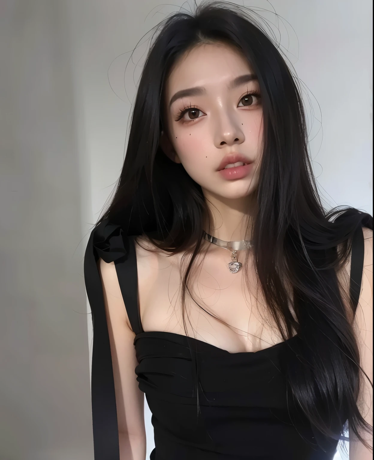 A woman with long black hair is posing for a picture., with long hair 아시아 소녀,  korean, linda mulher korean jovem, Brutal Korean Goth Girl, Mulher sul-korean bonita, mulher korean jovem bonita, Best Face, beautiful asian girl, young asian woman, with long hair e olhos penetrantes, with long black hair, with long hair, asian woman