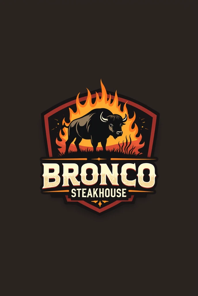 - **icon:** A stylized buffalo bronco, maybe just the head or a silhouette.
- **texto:** "Bronco Steak House" in a strong serif font, with the name "Bronco" highlighted and "Steak House" in a smaller complementary font.
- **colors:** Dark brown for text, with the icon in a contrasting color, like a golden or silver tone.
**Example 2:**
- **icon:** A combination of a buffalo and a grill element (maybe the buffalo on a grill background).
- **texto:** Full name inside a shield or circle, with the word "Bronco" bigger and featured.
- **colors:** red and black, with touches of brown.
**Example 3:**
- **icon:** A grill with a buffalo on top or next to it.
- **texto:** Bronco SteakHouse name in a stylized font, with possible additional details such as flames or sparks.
- **colors:** Combination of charcoal and gold tones.