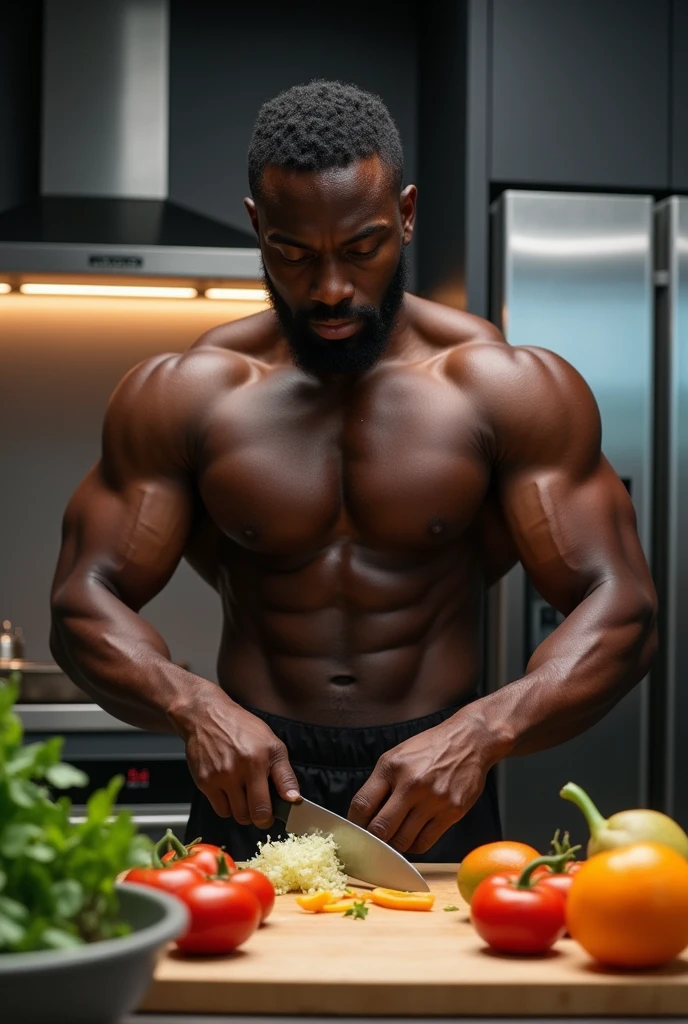 Dark-skinned athlete is cooking 