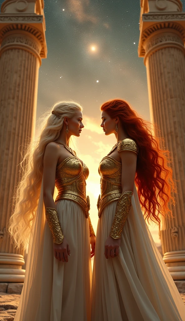 (masterpiece), (Highest quality), Photorealistic, Raw photo, Realistic, Cinematic Light, Beautiful twin goddess sisters in golden armor, Blonde and red hair, White Cape, Greek Temple , Under the Gemini Stars