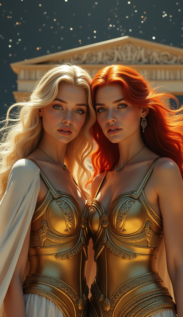 (masterpiece), (Highest quality), Photorealistic, Raw photo, Realistic, Cinematic Light, Beautiful twin goddess sisters in golden armor, Blonde and red hair, White Cape, Greek Temple , Under the Gemini Stars 