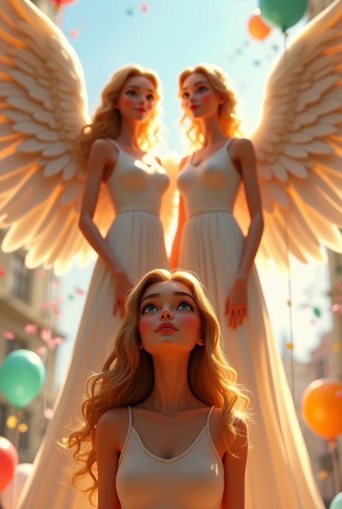 Identical twins one with wings standing over a Beautiful young woman dark blonde long hair with highlights 30:year old birthday, party decorations in the backgrouund 3D Pixar Style