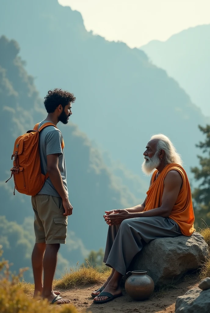 A 30 years Indian young man is talking to the muni who sits on the rock, this is at mountain. The man is standing, wind environment, camandal is there with munim. He wears grey colour tshirt, wears orange color bag