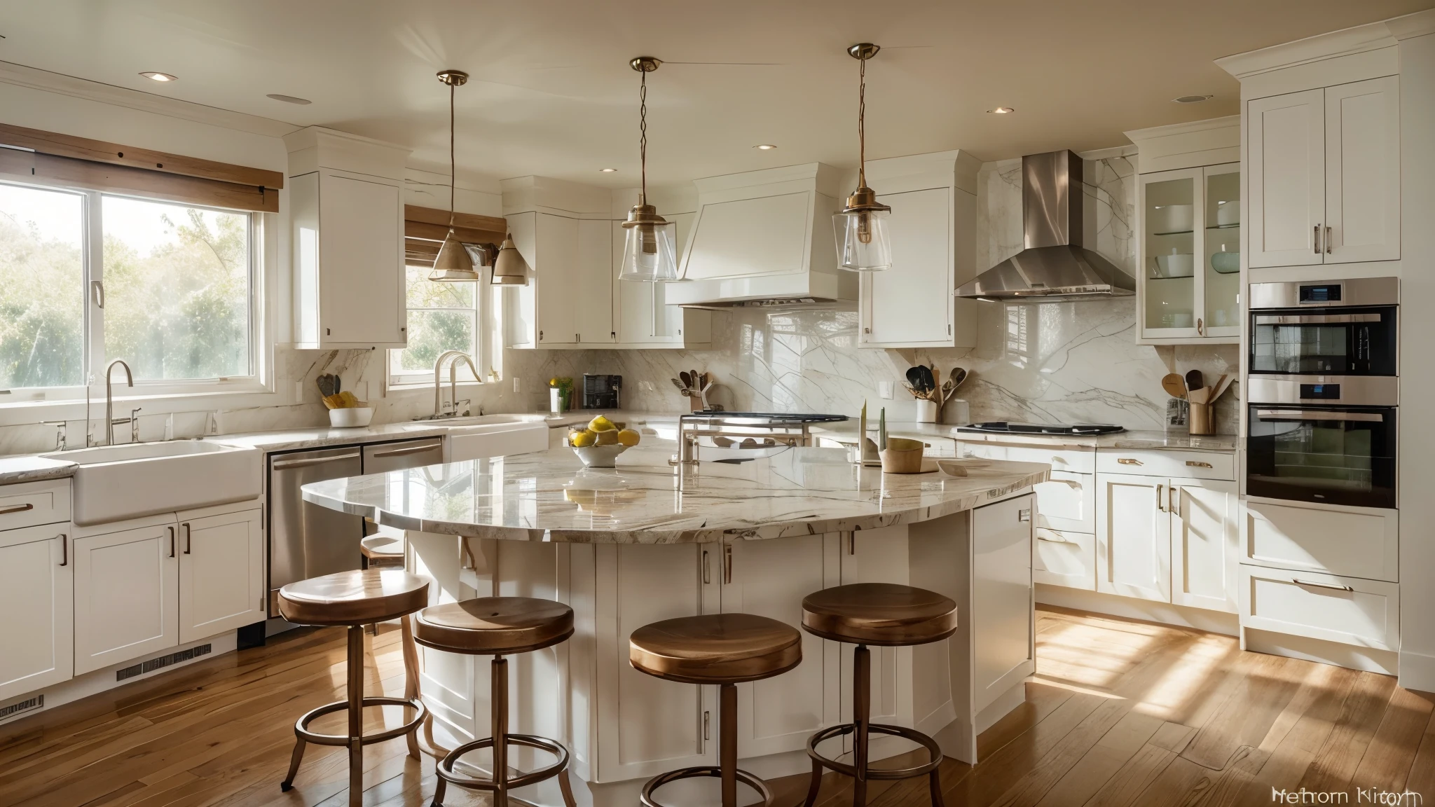 A cozy, modern kitchen with a neutral color palette, featuring white cabinetry, marble countertops, and light wood accents. The central island has a wooden base and is paired with four light-colored stools. Elegant pendant lights hang above the island, casting a warm glow. The backsplash is composed of small, neutral-toned tiles, and a large vase with flowers sits on the island, adding a fresh touch. The kitchen has a clean, airy feel, with natural light streaming in from large windows, with christmas tree, and christmas decoration