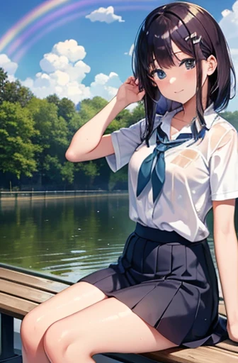 ((masterpiece, Highest quality)),Beautiful very detailed,8k wallpaper, One girl, (Glowing Skin:1.5), Plump, clavicle, Teen, Large Breasts, Aqua Eye,(Very fine grain:1.5), A shy smile, blush,Embarrassing, Brown Hair, Medium Hair, Straight hair,bangs, Twin Blade,Hair Clip, (summer school_uniform:1.2), Pleats_skirt,靴Down,loafers,((Sitting on a bench)), (Spread your legs), Camel Toe, Lean back,(Wet clothes:1.1),Short sleeve,whole body, Looking at viewer,from_Downに,Wet Skin, Wet Hair,(Shiny Hair:1.5),Put your hands in your hair, Outdoor, cloud,sunlight,(rainbow:1.2),Sky after rain,Hydrangea,Leaf with water drops,Looking_Down,town,Structure of the film,Dutch Angle,