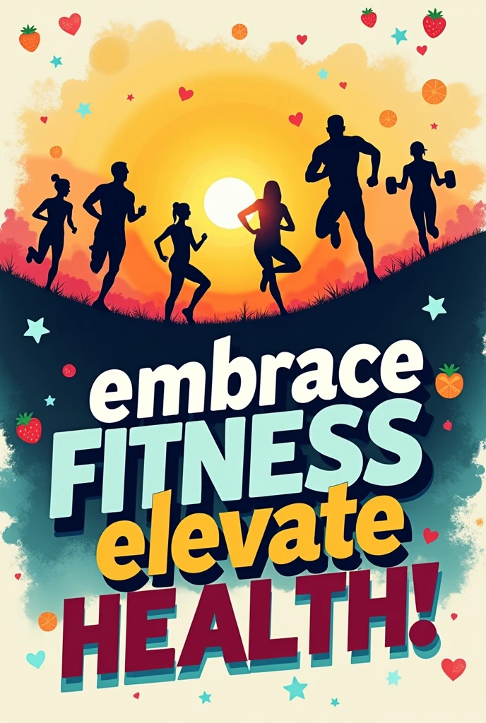 Slogan: "Embrace Fitness, Elevate Health!"

Poster Idea:

Background: A vibrant and energetic scene, perhaps a sunrise over a park or gym, symbolizing a new day and new opportunities.
Central Image: Silhouettes of people engaging in various fitness activities like running, yoga, and weightlifting.
Text Placement: The slogan can be in bold, dynamic font at the top, with "Embrace Fitness" in one color (e.g., a lively green) and "Elevate Health" in another (e.g., a calming blue) to represent the balance between physical activity and overall well-being.
Additional Elements: Incorporate icons or smaller images of fruits, water bottles, and hearts to reinforce the message of health and fitness.