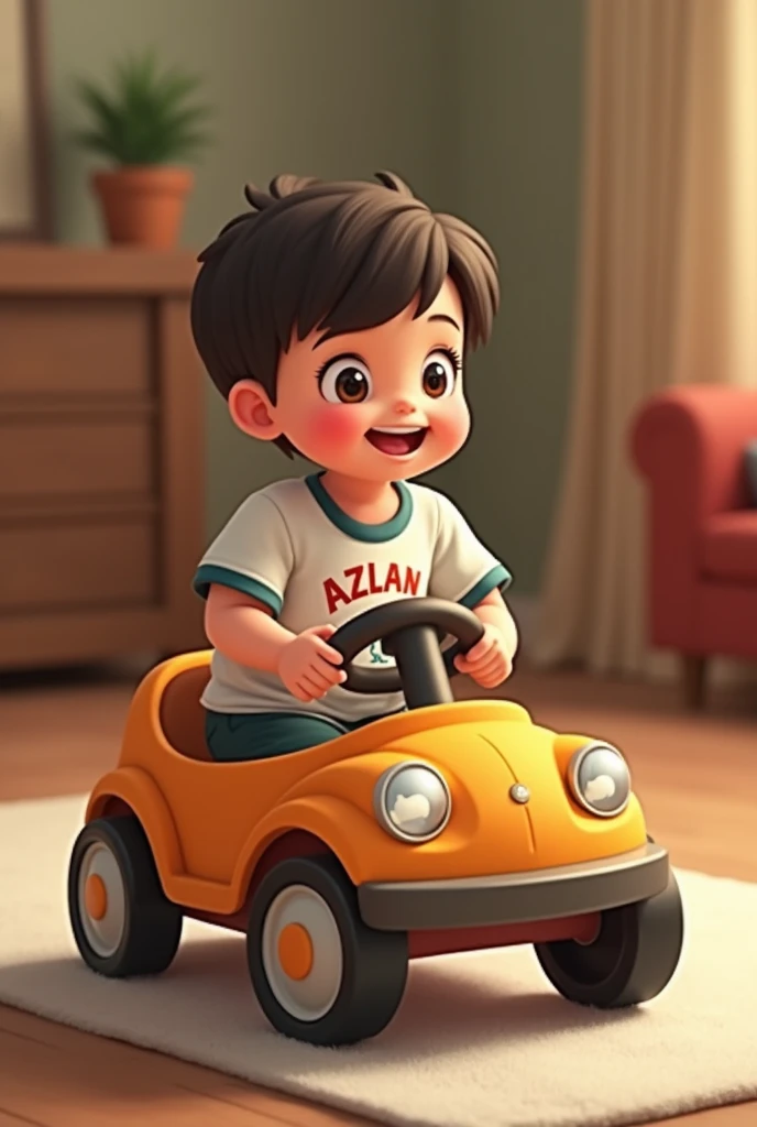 My baby boy 1 year Azlan in tolar push car, wearing football t shirt name written Azlan