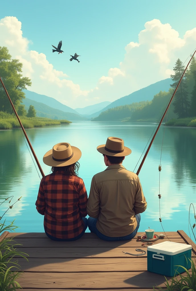 Two friends fishing on a beautiful body of water