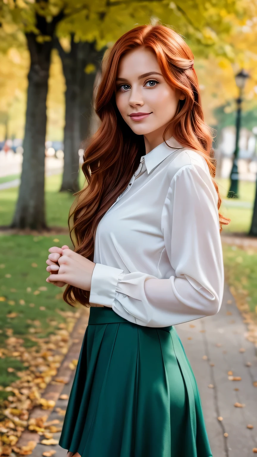 Realistic full body photo of a smiling, Young red-haired woman with long hair, She dances in front of the camera in a silk blouse with a blue skirt..., Park,glamour fotoshooting, Park, perfect anatomy, perfect green eyes. Perfect hands with 5 fingers on each hand, Matching girl, look into the camera, 1 Frau. (Eye make up:1.1), (highly detailed skin:1.1), spirit, analog style, keen focus, 8K  UHD, dslr, good quality, Fujifilm XT3, Grain, Award-winning, ​masterpiece. Park