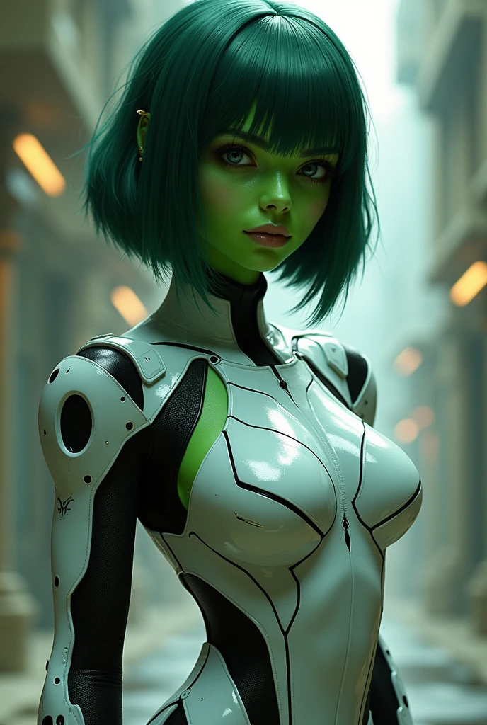 1girl, alien, green skin, dark green hair, seamless bob cut, white cybernetic armor, bodysuit, black accents, uppee body shot, sci-fi, superhero