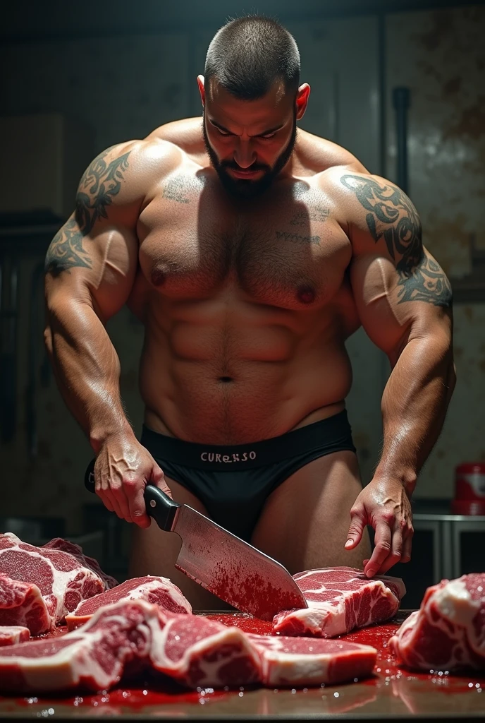 Butcher in underwear cutting meat.